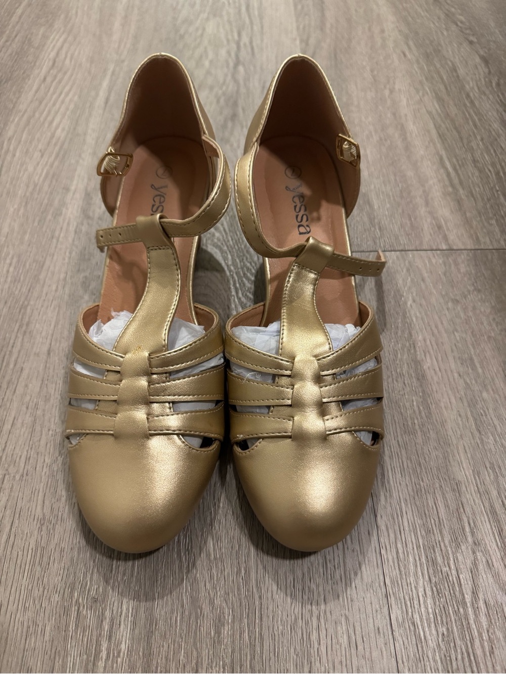 Women's Gold T-Strap Closed-Toe Heels